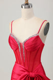 Sparkly Red Bodycon Corset Ruched Beaded Short Cocktail Dress with Bow