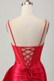 Sparkly Red Bodycon Corset Ruched Beaded Short Cocktail Dress with Bow