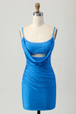 Sparkly Blue Bodycon Short Beaded Cocktail Dress with Drapes