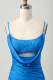 Sparkly Blue Bodycon Short Beaded Cocktail Dress with Drapes