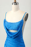 Sparkly Blue Bodycon Short Beaded Cocktail Dress with Drapes