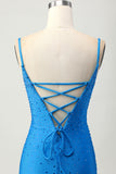 Sparkly Blue Bodycon Short Beaded Cocktail Dress with Drapes