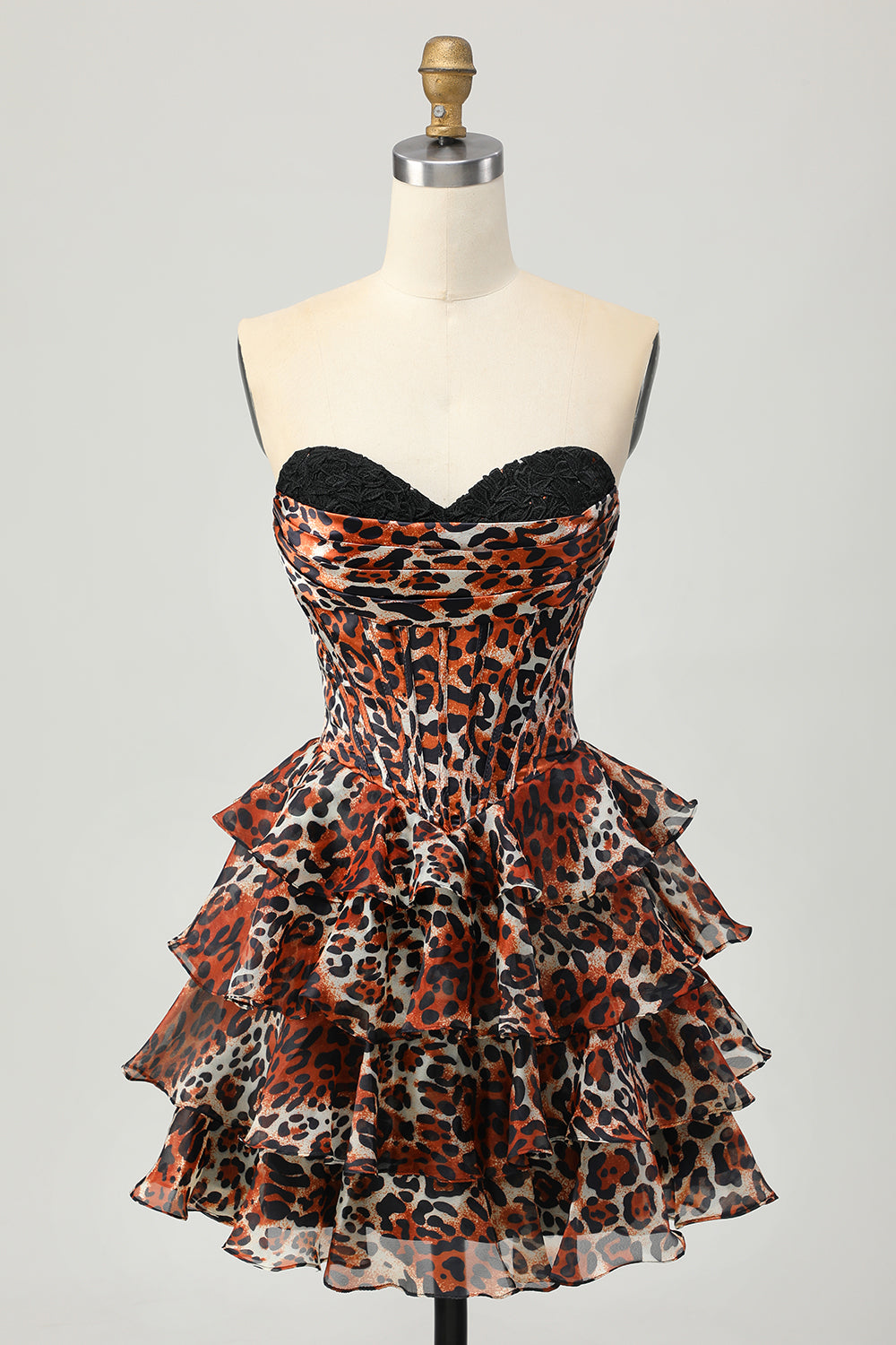 Strapless Khaki Leopard Tiered A Line Corset Homecoming Dress with Ruffles