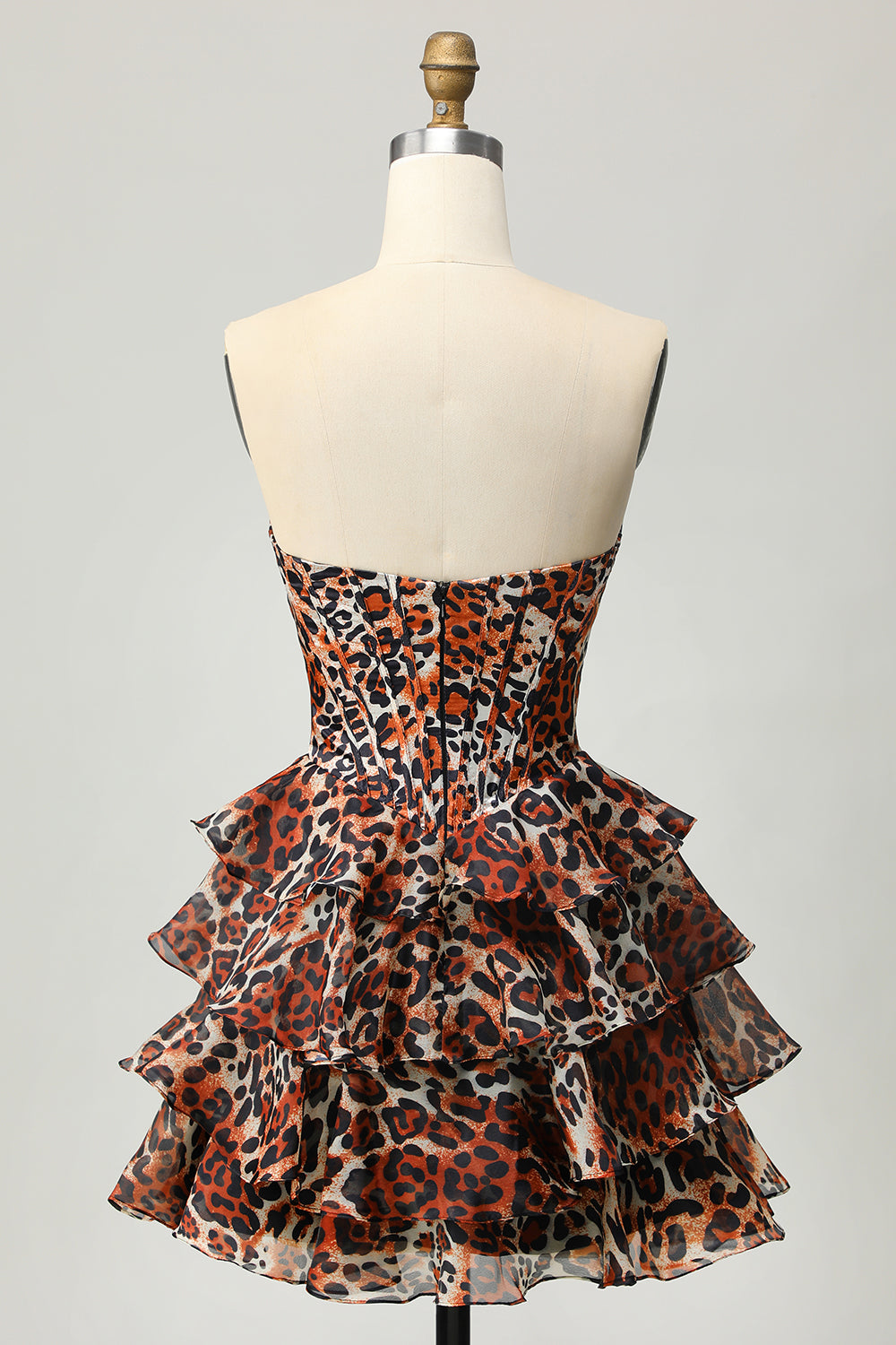 Strapless Khaki Leopard Tiered A Line Corset Homecoming Dress with Ruffles