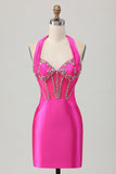 Sparkly Fuchsia Bodycon Halter Short Corset Homecoming Dress with Rhinestones