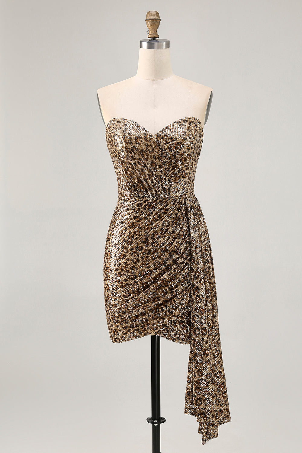 Khaki Leopard Ruched Strapless Short Homecoming Dress with Streamer