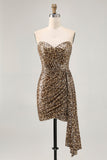 Khaki Leopard Ruched Strapless Short Homecoming Dress with Streamer