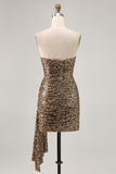Khaki Leopard Ruched Strapless Short Homecoming Dress with Streamer