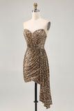 Khaki Leopard Ruched Strapless Short Homecoming Dress with Streamer