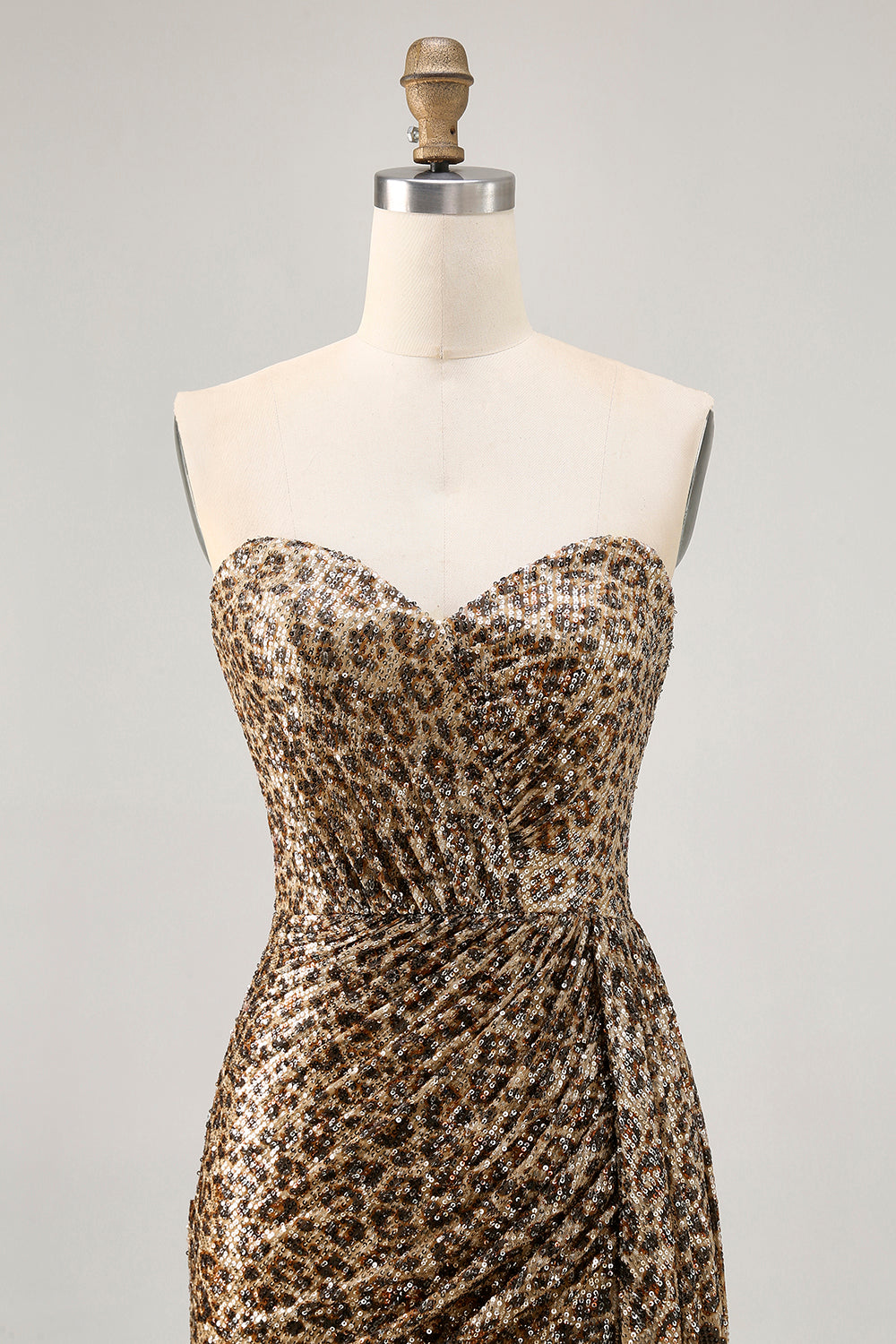 Khaki Leopard Ruched Strapless Short Homecoming Dress with Streamer