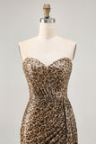 Khaki Leopard Ruched Strapless Short Homecoming Dress with Streamer