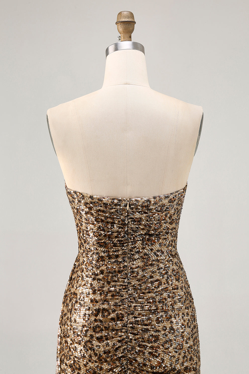 Khaki Leopard Ruched Strapless Short Homecoming Dress with Streamer