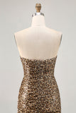 Khaki Leopard Ruched Strapless Short Homecoming Dress with Streamer