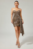 Khaki Leopard Ruched Strapless Short Homecoming Dress with Streamer