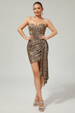 Khaki Leopard Ruched Strapless Short Homecoming Dress with Streamer
