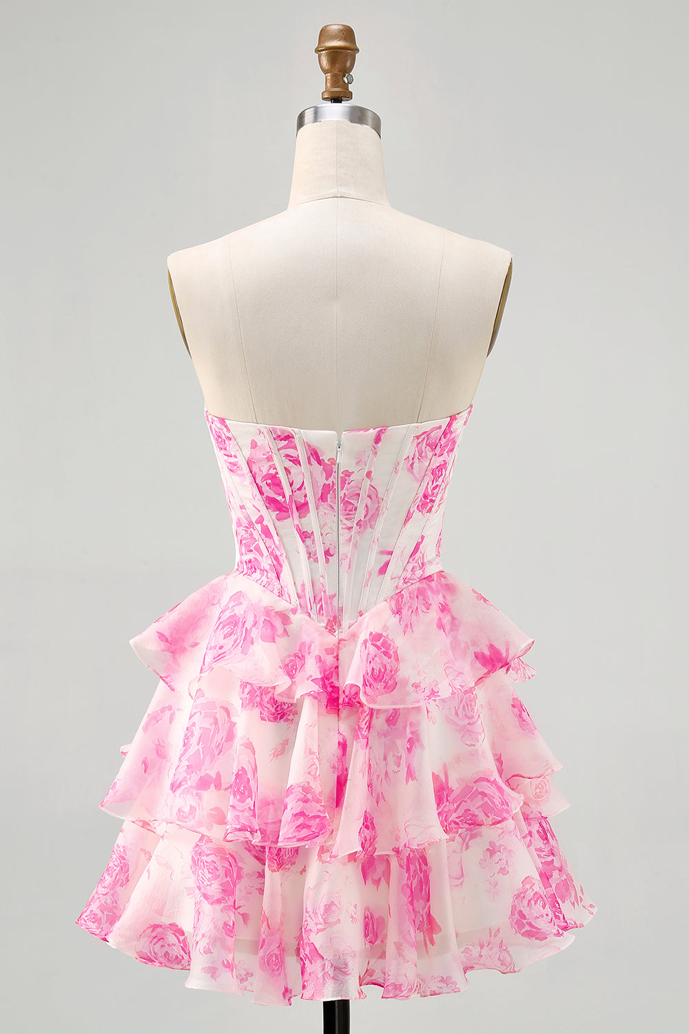 Pink Floral A-Line Strapless Corset Homecoming Dress with Sequins