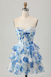 Sparkly White and Blue Floral Ruffled Short Corset Cocktail Dress with Sequins