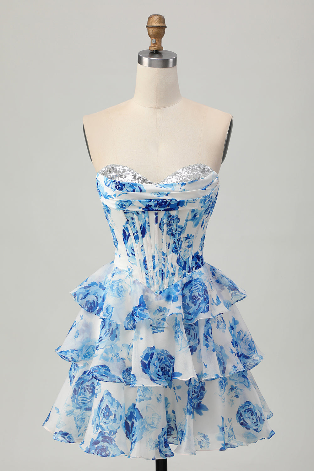 White Blue Floral A Line Strapless Corset Tiered Short Homecoming Dress