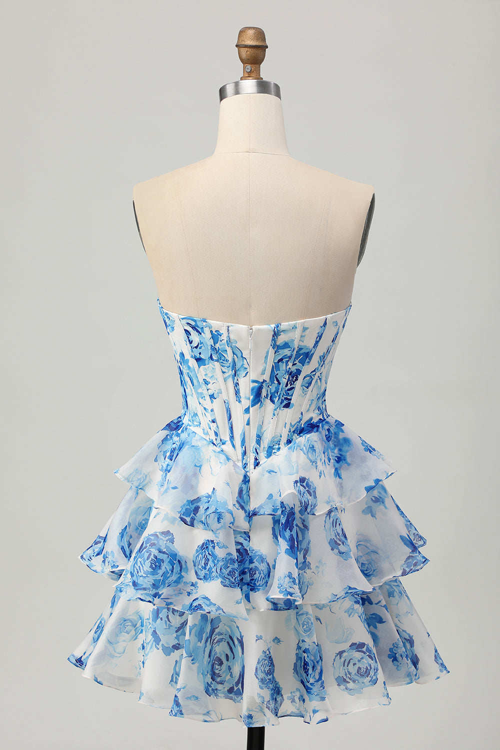 Sparkly White and Blue Floral Ruffled Short Corset Cocktail Dress with Sequins