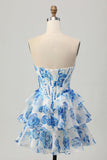 White Blue Floral A Line Strapless Corset Tiered Short Homecoming Dress