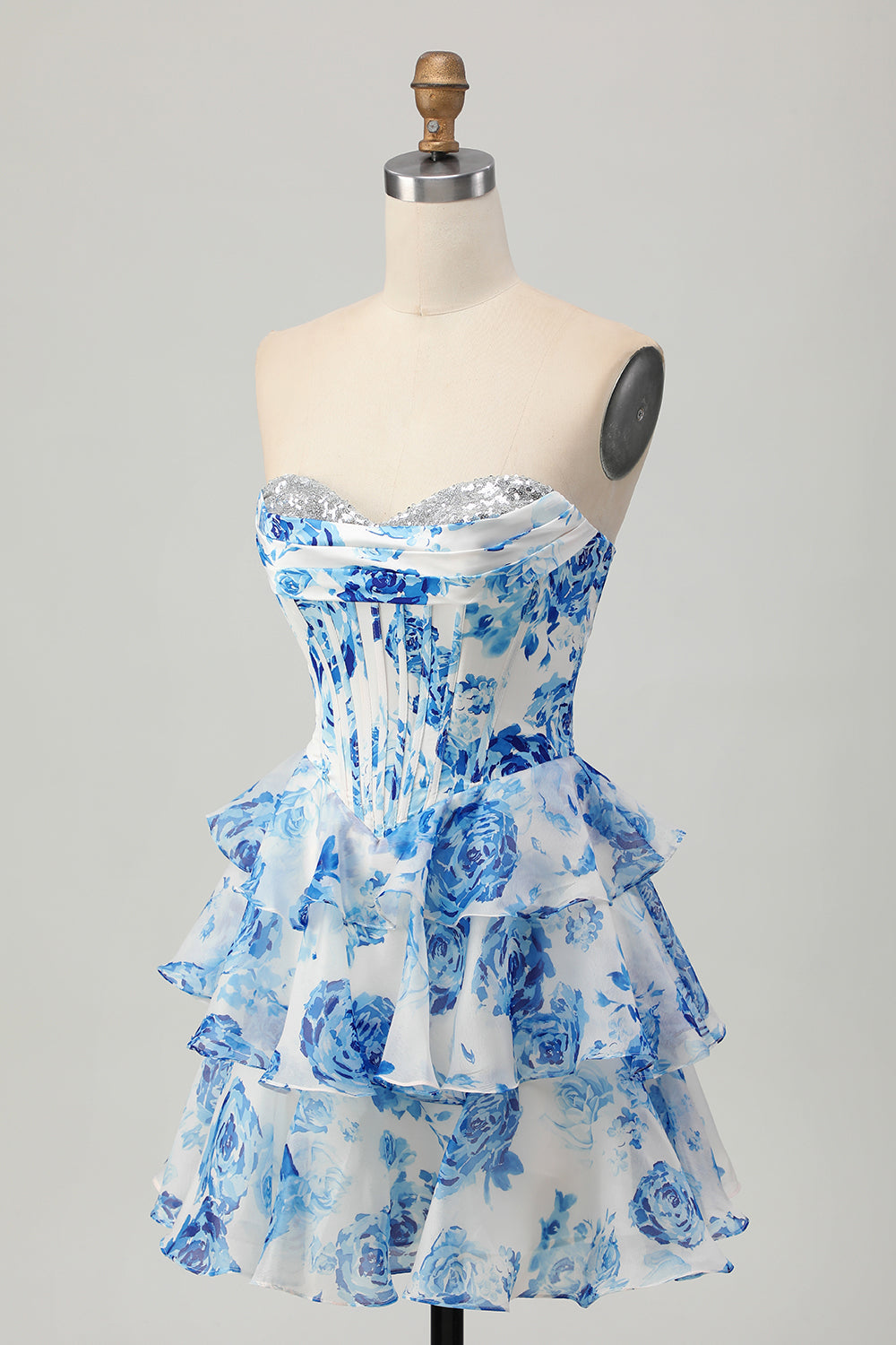 Sparkly White and Blue Floral Ruffled Short Corset Cocktail Dress with Sequins