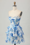 Sparkly White and Blue Floral Ruffled Short Corset Cocktail Dress with Sequins