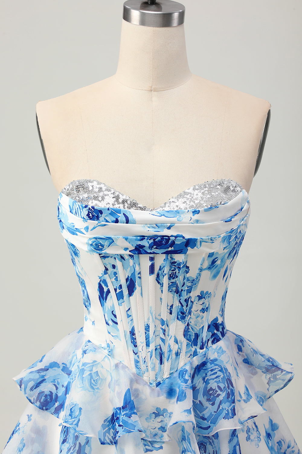 Sparkly White and Blue Floral Ruffled Short Corset Cocktail Dress with Sequins