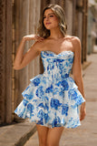 White Blue Floral A Line Strapless Corset Tiered Short Homecoming Dress