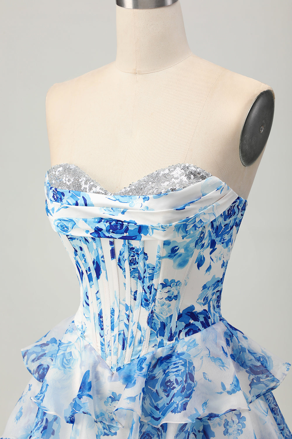 Sparkly White and Blue Floral Ruffled Short Corset Cocktail Dress with Sequins