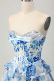 Sparkly White and Blue Floral Ruffled Short Corset Cocktail Dress with Sequins