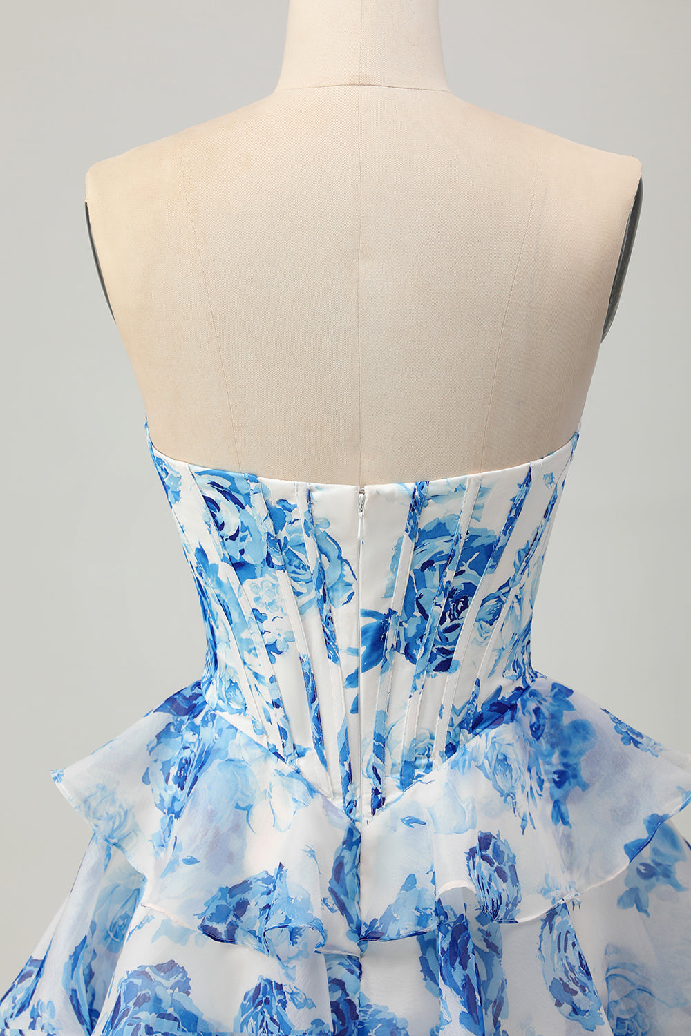Sparkly White and Blue Floral Ruffled Short Corset Cocktail Dress with Sequins