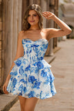 White Blue Floral A Line Strapless Corset Tiered Short Homecoming Dress
