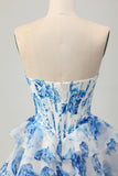 Sparkly White and Blue Floral Ruffled Short Corset Cocktail Dress with Sequins