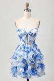 Floral White and Blue Short Corset Cocktail Dress with Ruffles