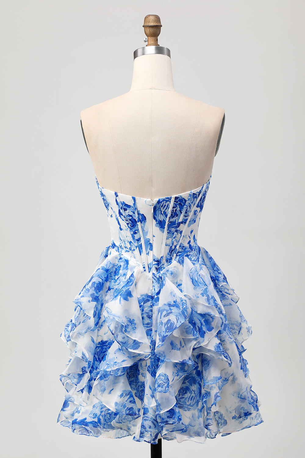 Floral White and Blue Short Corset Cocktail Dress with Ruffles