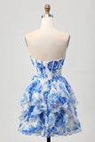 Floral White and Blue Short Corset Cocktail Dress with Ruffles