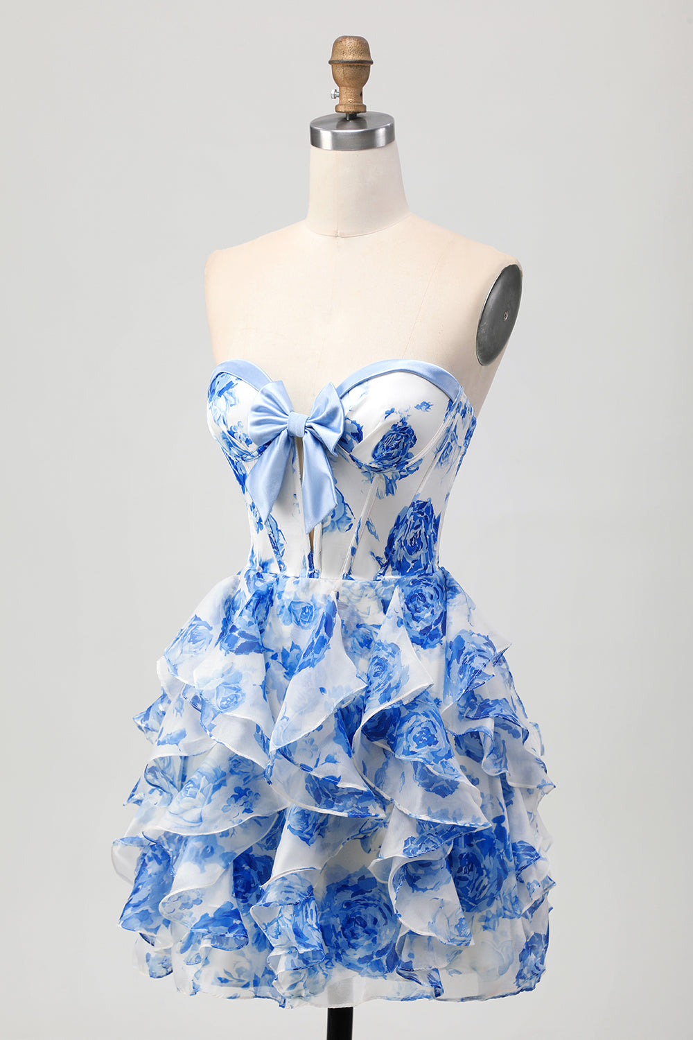 Floral White and Blue Short Corset Cocktail Dress with Ruffles