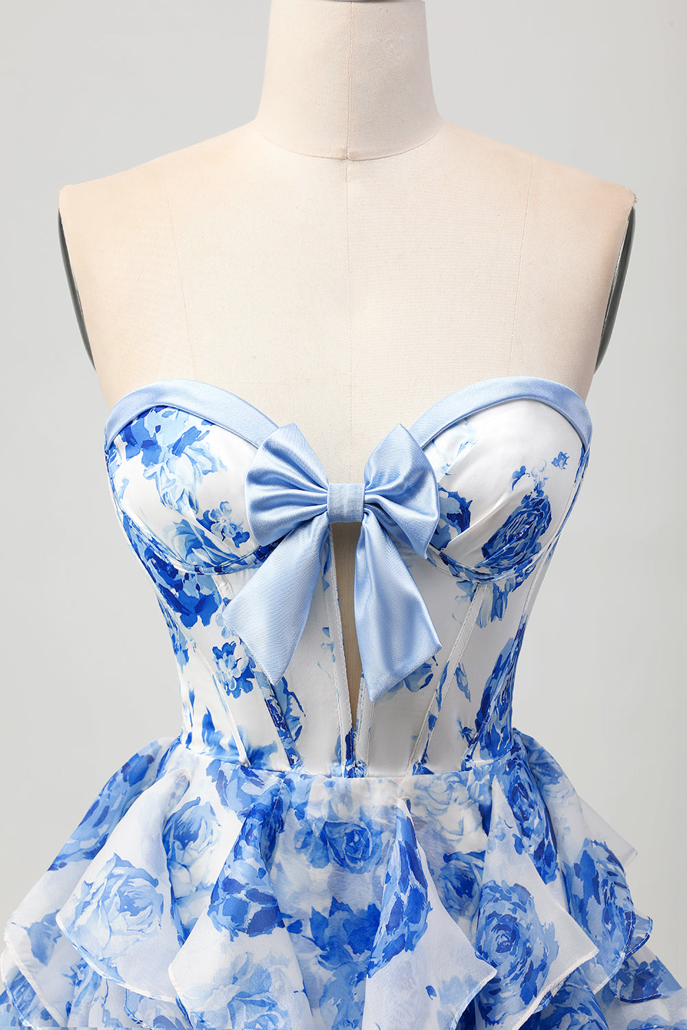 Floral White and Blue Short Corset Cocktail Dress with Ruffles