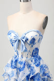 Floral White and Blue Short Corset Cocktail Dress with Ruffles