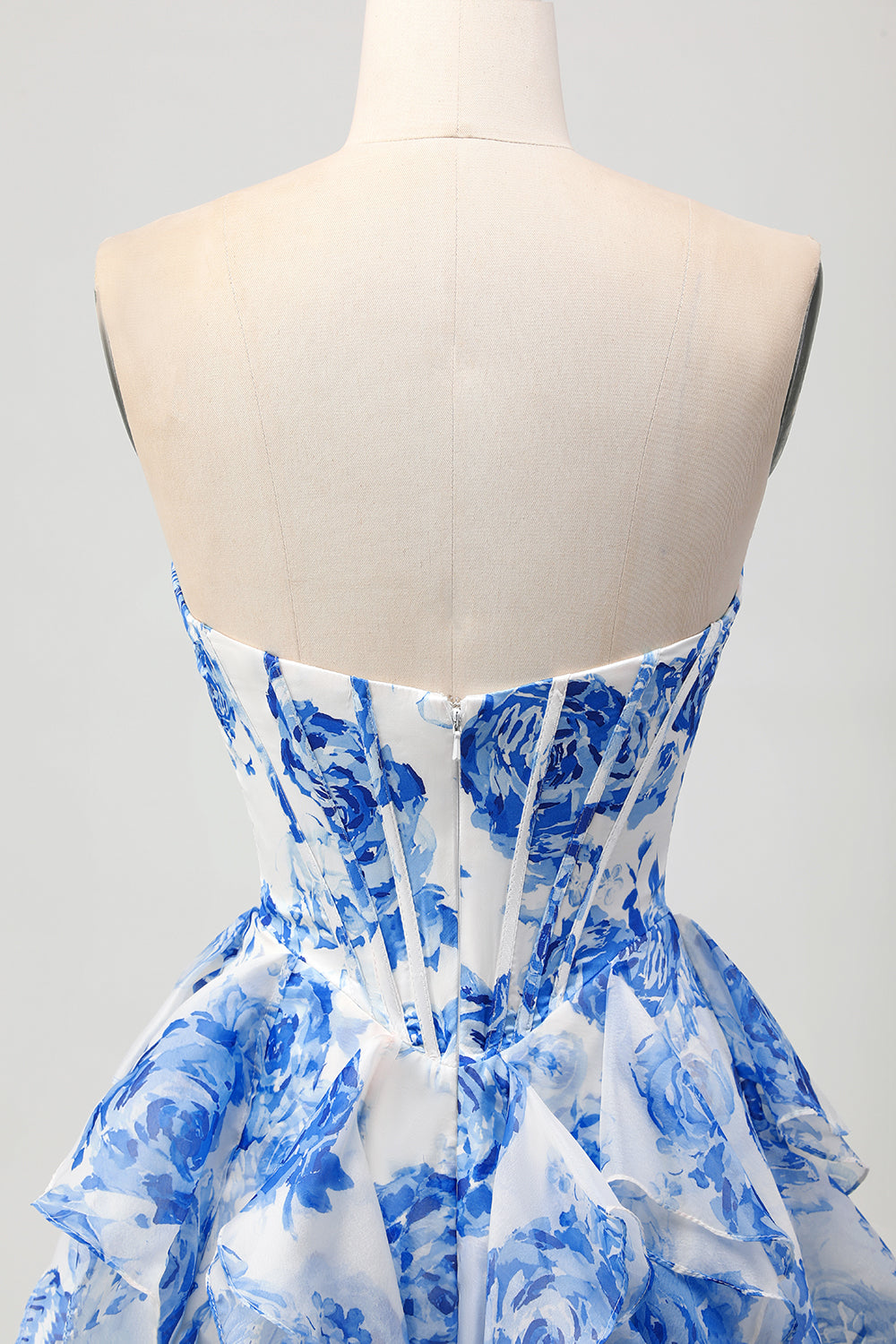Floral White and Blue Short Corset Cocktail Dress with Ruffles