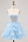 Sparkly Blue A Line Ruffled Short Corset Cocktail Dress with Lace