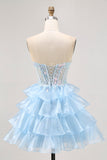 Sparkly Blue A Line Ruffled Short Corset Cocktail Dress with Lace