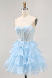 Sparkly Blue A Line Ruffled Short Corset Cocktail Dress with Lace