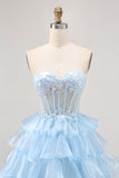 Sparkly Blue A Line Ruffled Short Corset Cocktail Dress with Lace