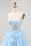 Sparkly Blue A Line Ruffled Short Corset Cocktail Dress with Lace