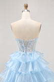 Sparkly Blue A Line Ruffled Short Corset Cocktail Dress with Lace