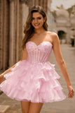 Pink Tiered Sequins Strapless Corset Mini Homecoming Dress