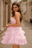 Pink Tiered Sequins Strapless Corset Mini Homecoming Dress