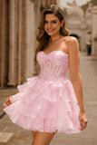 Pink Tiered Sequins Strapless Corset Mini Homecoming Dress