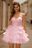 Pink Tiered Sequins Strapless Corset Mini Homecoming Dress